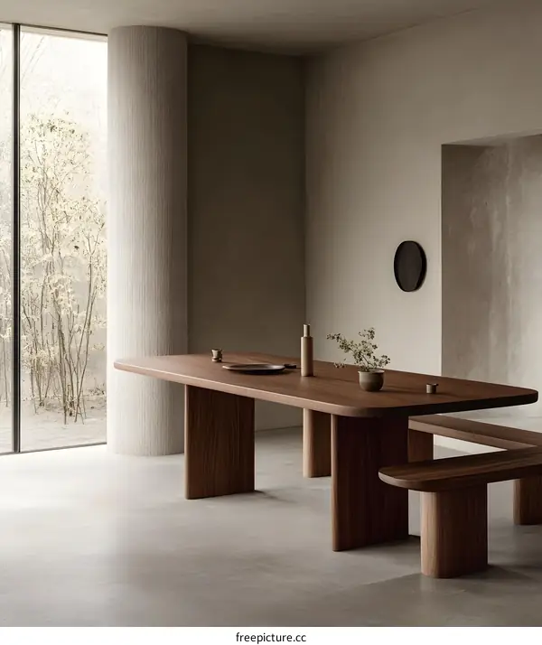 Minimalist Modern Dining Room with Wooden Table and Bench