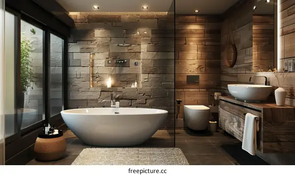 Modern Luxury Bathroom Design with Stone and Wood Accents