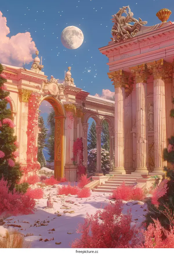 pink Greek temple ruin overgrown with pink flowers