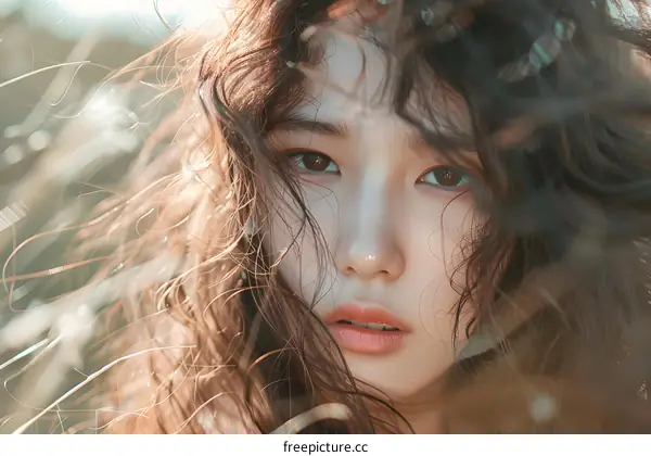 Closeup Portrait of Asian Woman with Windblown Hair