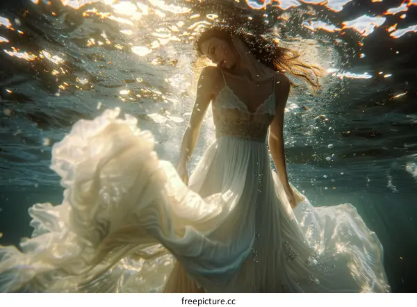 An underwater photo of a woman wearing a white dress