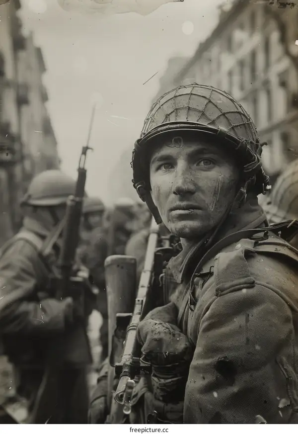 A soldier with a gun standing in a war zone