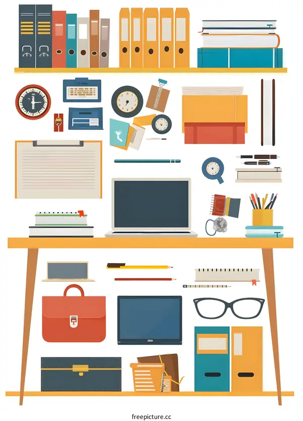 Desk with Laptop, Books, and Office Supplies Illustration