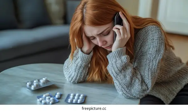 Woman Feeling Sad Talking on Phone with Medicine