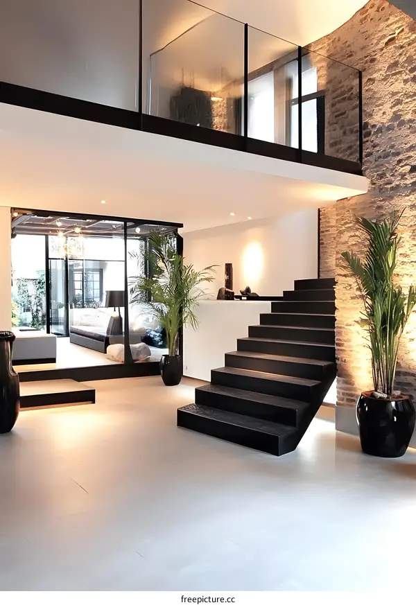 Modern Interior Design with Black Staircase and Glass Railing
