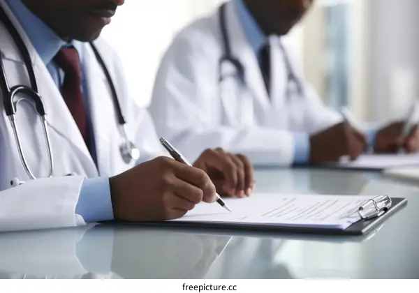 Two doctors in white coats are sitting at a table and writing on clipboards