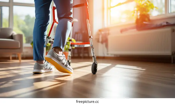 A person walking with a walker in a sunny room