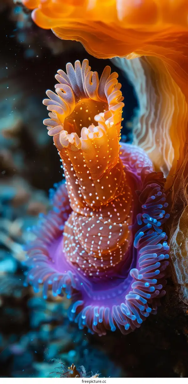 Underwater close up of a colorful anemone with its tentacles extended