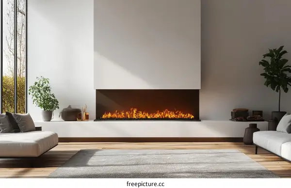 Modern Living Room with Fireplace and Large Windows