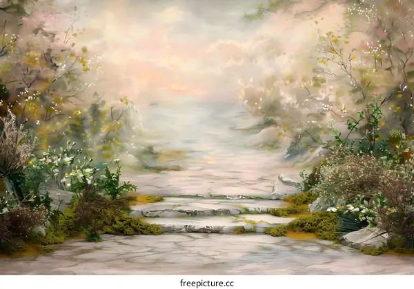 Watercolor Painting of a Stone Path in a Forest