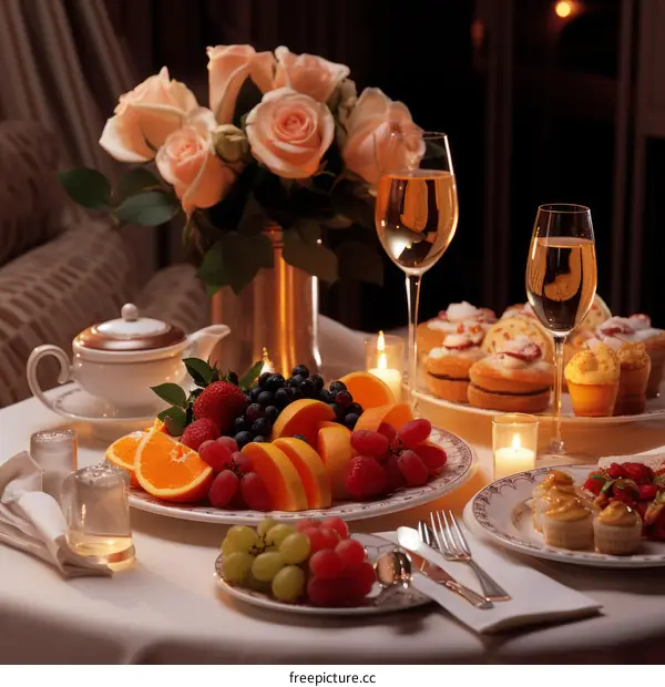 A romantic dinner with wine, fruit, and flowers