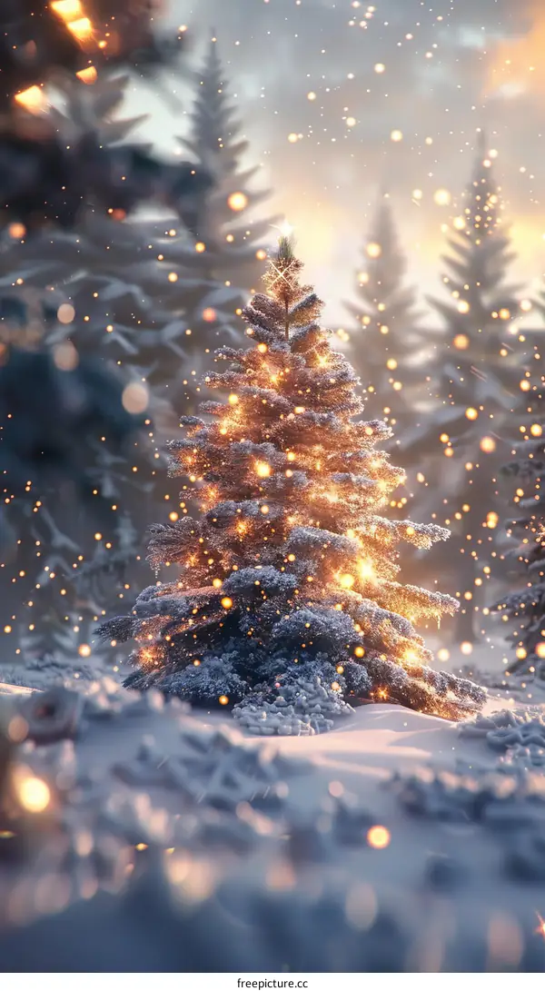 A beautiful Christmas tree alight with lights in a snowy forest