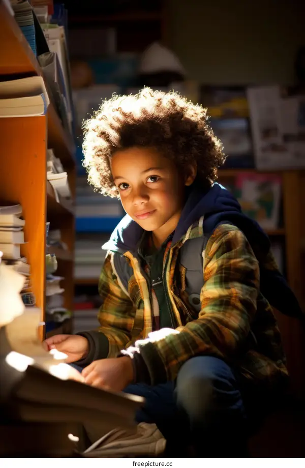 A young boy is reading a book in a library