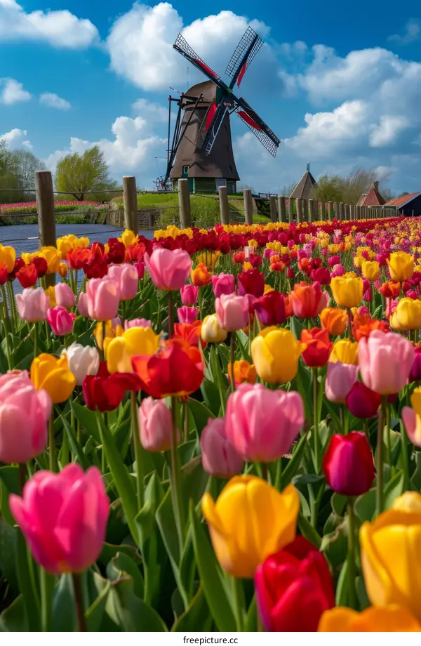 Field of tulips in front of a windmill in the Netherlands
