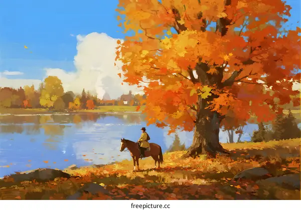 A Person Riding a Horse by a Lake in Autumn