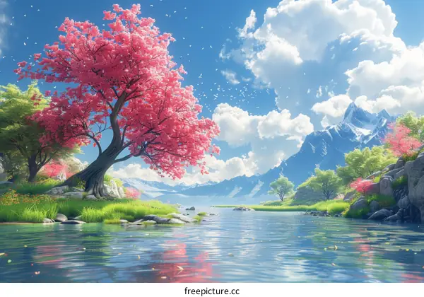 Cherry Blossom Tree by a River with Mountain Range in the Background