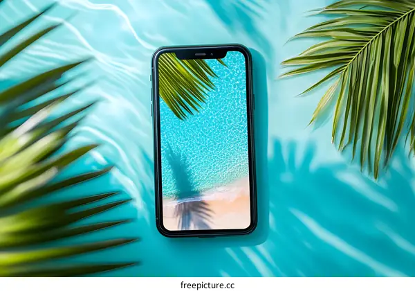 Smartphone with Tropical Beach Image on Blue Background with Palm Leaves