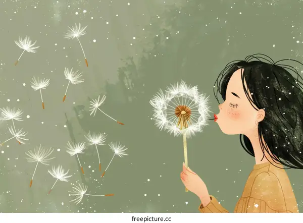 Asian girl blowing dandelion seeds in the wind