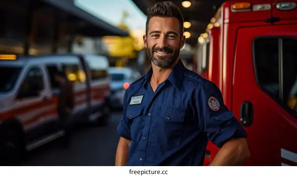Portrait of a male paramedic in uniform standing in front of an ambulance