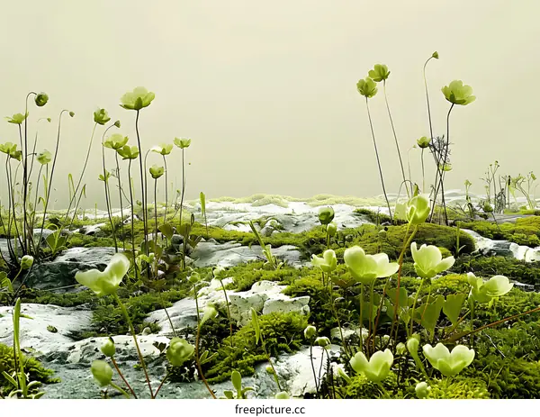 Green Flowers Growing on Moss Covered Rocks