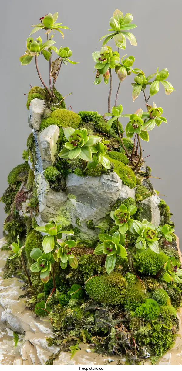 Green Moss and Plants Growing on Rocks