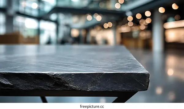 Modern Workspace Table Top with Blurry Interior View