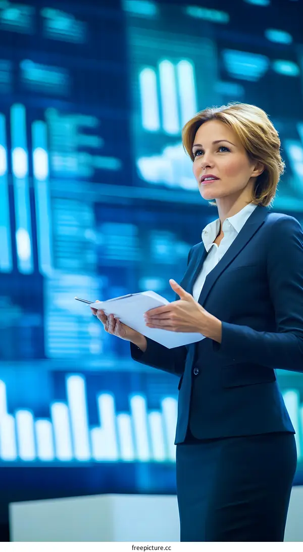 Businesswoman Presenting Data and Analysis in Front of a Large Screen