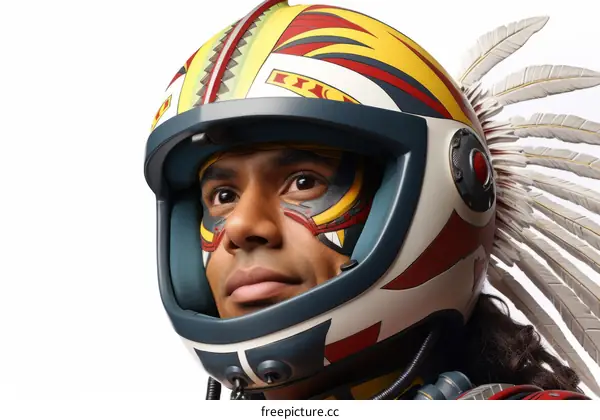 A person wearing a colorful helmet with a feather on it