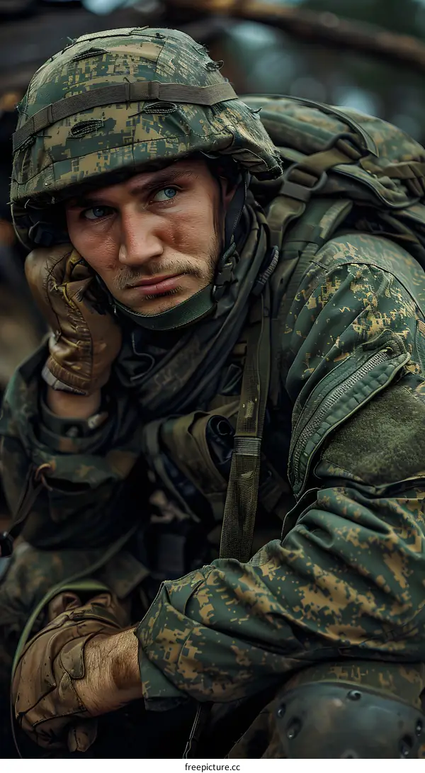 Portrait of a soldier in the Russian army in full combat gear