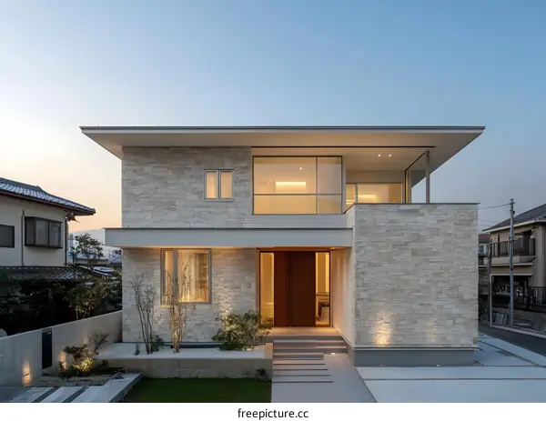 Modern Stone Facade House with Large Windows and Minimalist Design