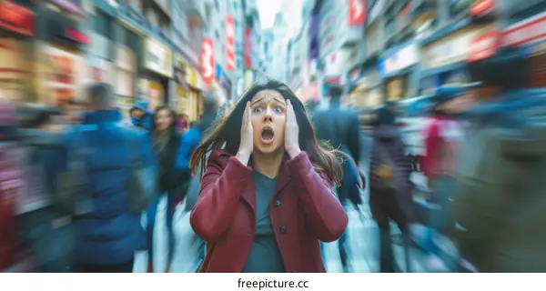 Young woman having an anxiety attack in a crowded street