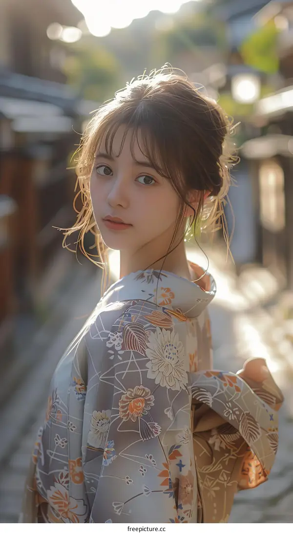 Asian Woman in Traditional Japanese Kimono in a Japanese Town