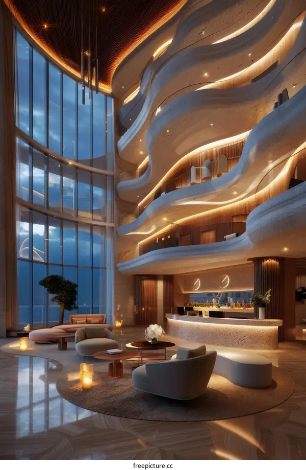 Modern Luxury Hotel Lobby with Stunning Sea Views