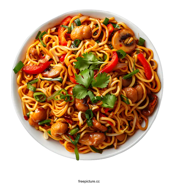 [Transparent Background PNG]A bowl of stir-fried noodles with mushrooms, peppers and green onions