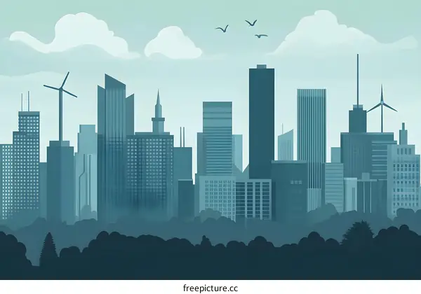 Modern Cityscape with Wind Turbines and Blue Sky