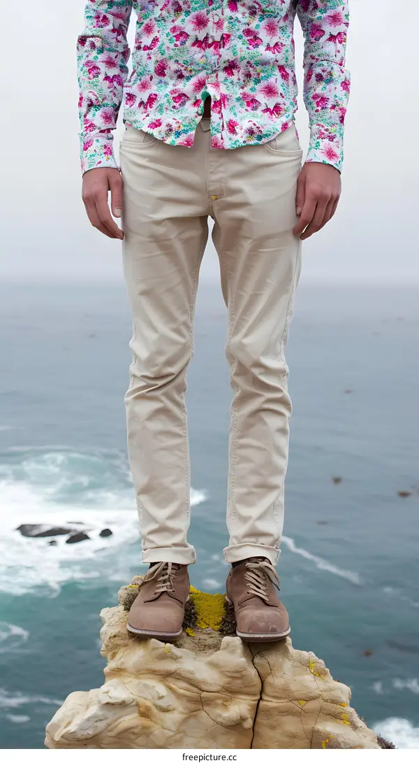 Man in Floral Shirt Standing on Cliff Overlooking Ocean