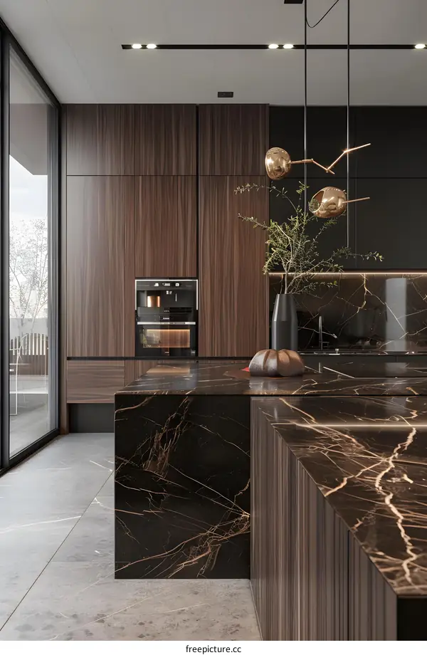 Modern Kitchen Interior Design with Black Marble Countertops and Wooden Cabinets