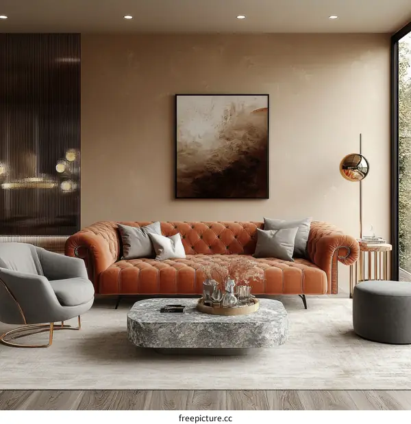 Modern Living Room Interior Design with Terracotta Sofa