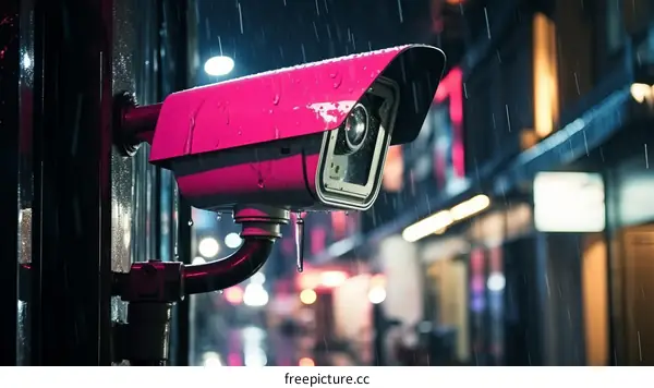A pink security camera mounted on a building at night in the rain