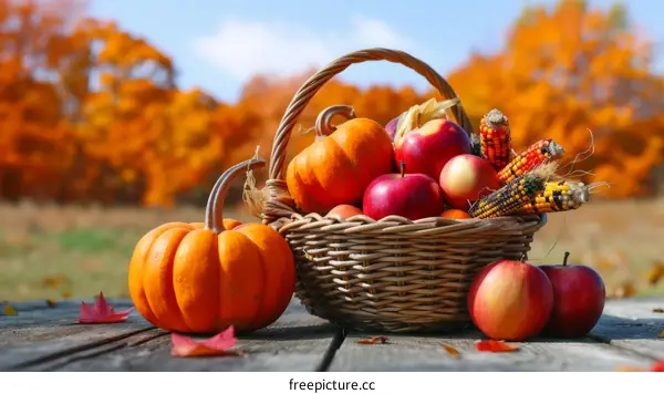 A basket of pumpkins, apples, and corn sits on a wooden table with a blurred background of a field of trees with orange autumn leaves.
