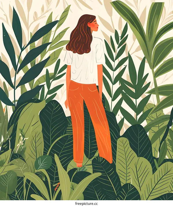 Woman Standing in Tropical Rainforest Surrounded by Lush Green Foliage