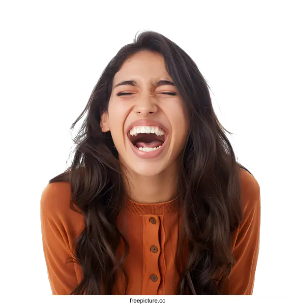 [Transparent Background PNG]Portrait of a Young Woman with Long Brown Hair Laughing