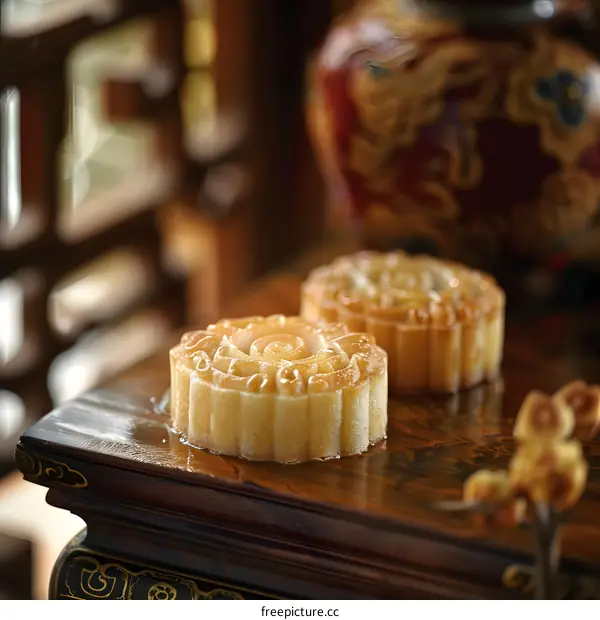 Traditional Chinese Mooncakes on Wooden Table