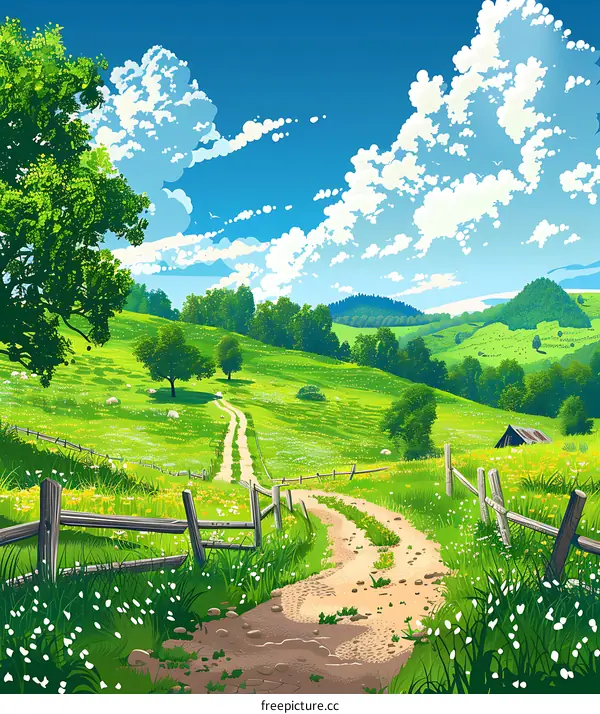 Green Meadow Landscape With Winding Path And Blue Sky