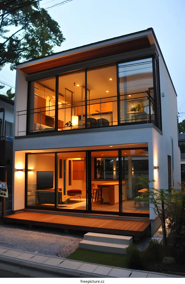 Modern Two Story Home With Large Glass Windows And Wooden Deck