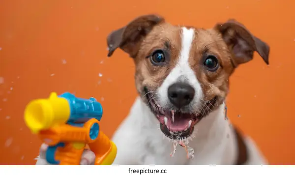 A Jack Russell Terrier dog is getting sprayed with a water gun