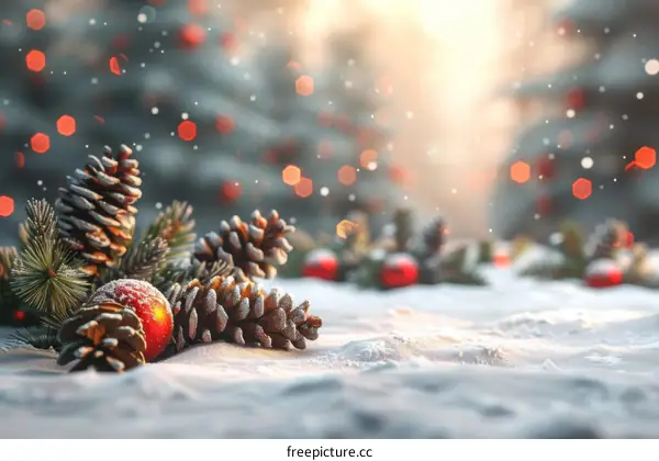 Christmas Decorations with Pine Cones and Red Ball Ornaments in the Snow