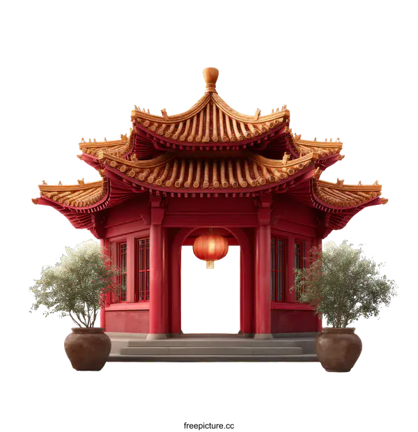 [Transparent Background PNG]Red Chinese Pagoda Gazebo with Lanterns