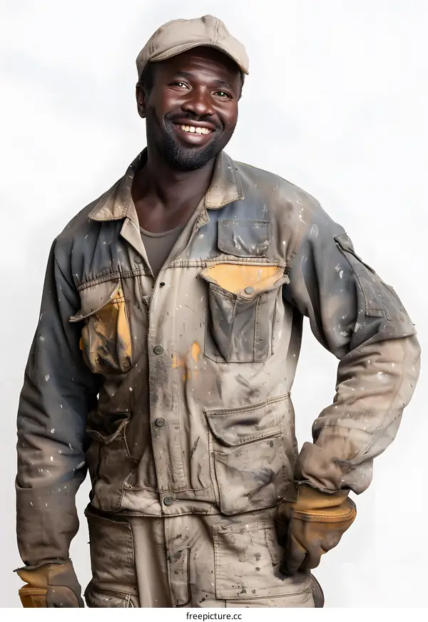 Portrait of a smiling African man wearing a cap and work clothes