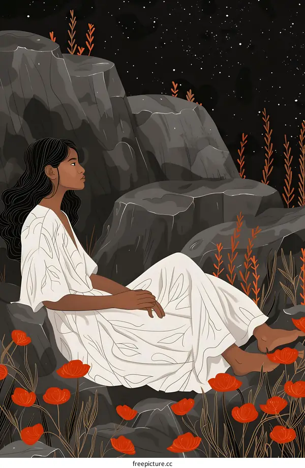 Woman Sitting on Rocks Under the Night Sky